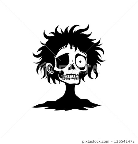 Monochrome Cartoon Zombie Portrait with Distressed Features and Spiky Hair 126541472