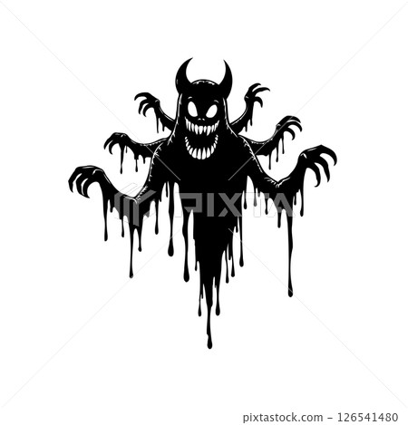 Monochrome Spooky Silhouette: A Creepy Creature with Dripping Form in Black and White 126541480