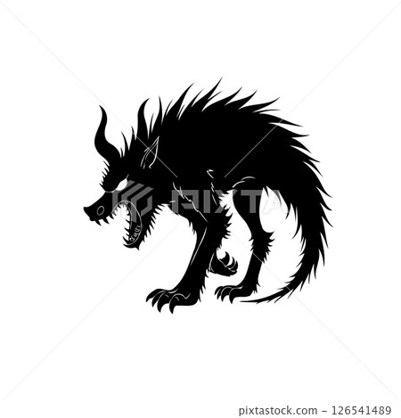 Menacing horned creature silhouette exhibiting ferocious aggression on clear backdrop 126541489