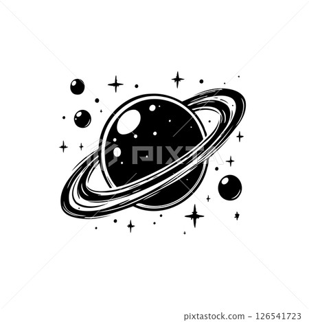 Monochrome celestial illustration of a ringed planet amidst starry expanse 126541723