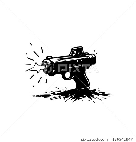Stylized monochrome illustration of a futuristic laser gun firing weapon Stylized monochrome illustration of a futuristic laser gun firing weapon 126541947