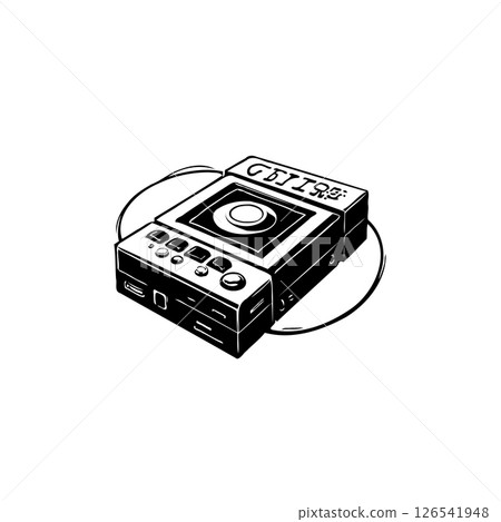 Monochrome illustration of retro-futuristic media player with vintage aesthetics 126541948