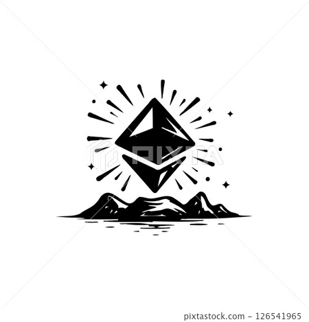 Cryptocurrency rise illustration with stylized gemstone above mountain range Cryptocurrency rise illustration with stylized gemstone above mountain range 126541965