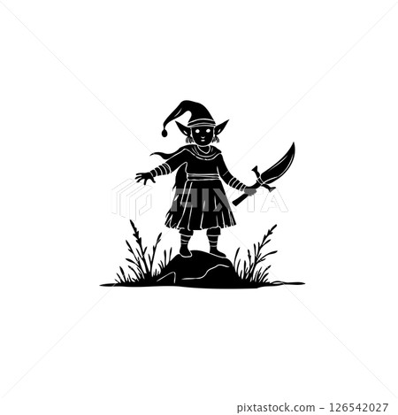 Silhouette of an elfish figure with whimsical attire standing on a rocky formation 126542027