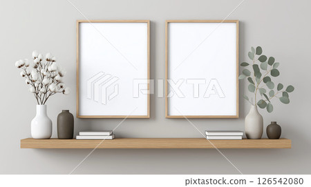 A simple wall display featuring wooden framed art posters and small items 126542080