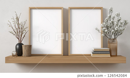 A simple wall display featuring wooden framed art posters and small items 126542084