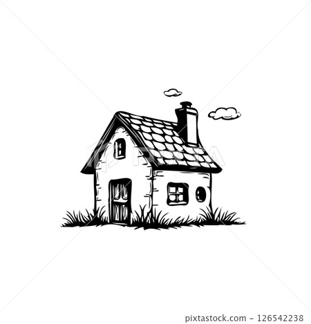 Whimsical dwelling: An enchanting monochrome drawing of a cozy small house 126542238