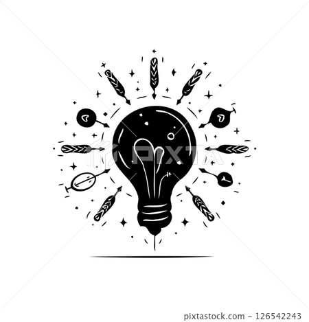 Conceptual creativity illustration with lightbulb and arrows in black and white 126542243