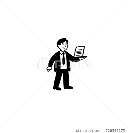 Cartoon rendition depicting a smiling businessman character holding a laptop 126542275