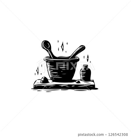 Stylized depiction of holistic wellness preparation on rustic wooden surface 126542308