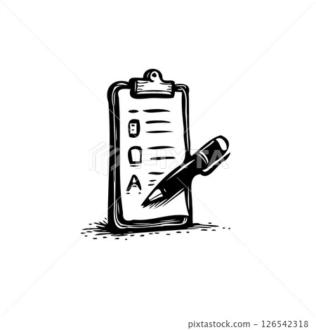 Sketch depiction of a checklist on a clipboard with a pen for task completion 126542318