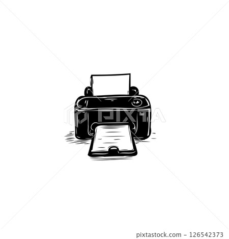 Monochromatic printer illustration showcasing a paper output in artistic style 126542373