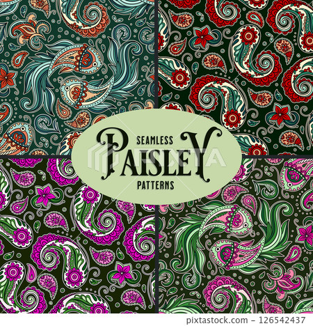 Paisley Vintage Pattern Set Batik Koi Fish Motif Floral Swirls And Ornament Details In A Decorative Indian Boho Style 126542437