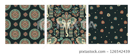 Indian Elephant Vintage Pattern Ethnic Motif Seamless Mandala Traditional BG Set Vector Boho Bohemian Collection 126542439
