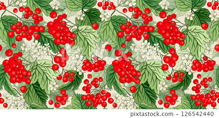 Viburnum Berry Leaf Floral Seamless Vector Pattern Element Botanical Ukrainian Symbol Forest Garden Background 126542440