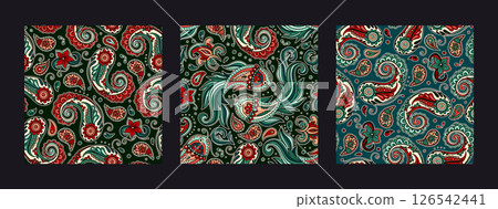 Paisley Vintage Pattern Set Batik Koi Fish Motif Floral Swirls And Ornament Details In A Decorative Indian Boho Style 126542441
