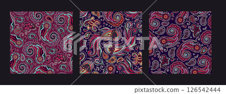 Paisley Vintage Pattern Set Batik Koi Fish Motif Floral Swirls And Ornament Details In A Decorative Indian Boho Style Paisley Vintage Pattern Set Batik Koi Fish Motif Floral Swirls And Ornament Details In A Decorative Indian Boho Style 126542444