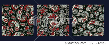 Paisley Vintage Pattern Set Batik Koi Fish Motif Floral Swirls And Ornament Details In A Decorative Indian Boho Style 126542445