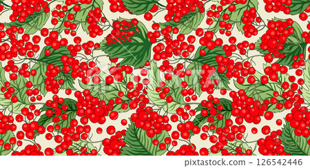 Viburnum Berry Leaf Floral Seamless Vector Pattern Element Botanical Ukrainian Symbol Forest Garden Background 126542446