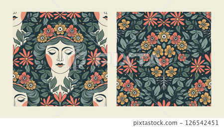 Vintage Pattern Ethnic Motif Set Floral Woman Face Flower Seamless Vector Boho Style Folk Background Vintage Pattern Ethnic Motif Set Floral Woman Face Flower Seamless Vector Boho Style Folk Background 126542451