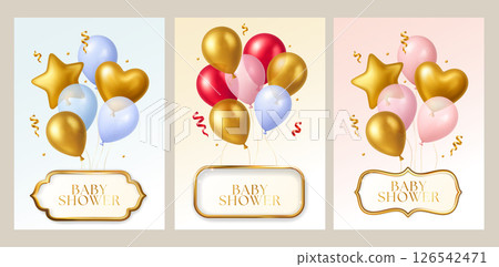 3d Balloon Baby Shower Girl Boy Party Card Set Gift Ball Balloons Vector Invitation Card Realistic Celebration 126542471