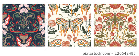 Art Nouveau Butterfly Flower Vintage Pattern Set Seamless Vector Background Antique Floral Motif Boho Bohemian Ethnic Ornament 126542495