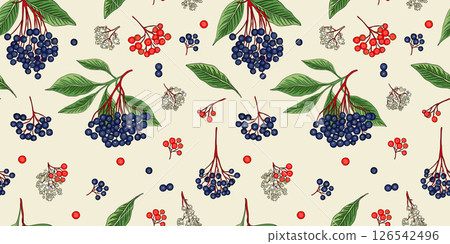 Viburnum Rowan Berry Leaf Floral Element Seamless Vector Pattern With Ukrainian Ethnic Botanical Style On Beige 126542496