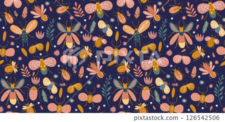 Whimsical Insect Butterfly Bug Moth Seamless Vector Pattern Flower And Leaf In Decorative Fantasy Style On Dark Background Whimsical Insect Butterfly Bug Moth Seamless Vector Pattern Flower And Leaf In Decorative Fantasy Style On Dark Background 126542506
