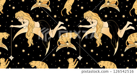 Whimsical Woman Girl Cat Moon Seamless Vector Pattern Star Dreamy Alchemy Zodiac Celestial Style On Dark Sky Whimsical Woman Girl Cat Moon Seamless Vector Pattern Star Dreamy Alchemy Zodiac Celestial Style On Dark Sky 126542516
