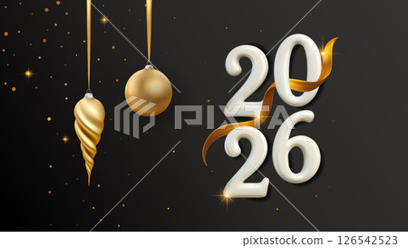 2026 Happy New Year Realistic 3d Number Golden Ribbon Banner Background Greeting Invitation Luxury Card 126542523