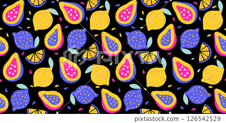 Tropical Exotic Fruit Pattern Crayon Papaya Lemon Bg Texture Summer Vector Chalk Cartoon Seamless Abstract Background Chalk Organic 126542529