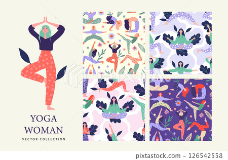 Women Yoga Pose Asana BG Practicing Seamless Pattern Set Meditation, And Zen Stretching Vector Background 126542558