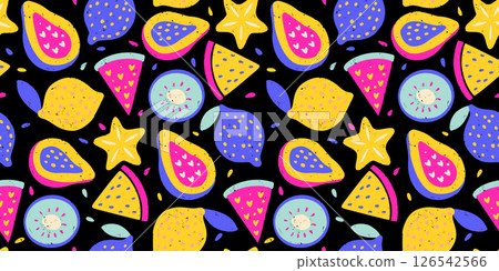 Tropical Exotic Fruit Pattern Crayon Bg Lemon Watermelon Kiwi Carambola Papaya Texture Summer Vector Chalk Seamless Abstract Background Organic Mix 126542566