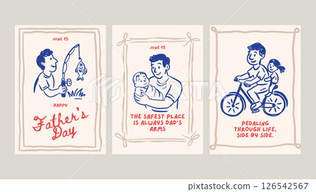 Happy Fathers Day Dad Greeting Doodle Vintage Sketch Card Set. Holiday Vector Chalk Ride a Bike, Fishing and Care Poster 126542567