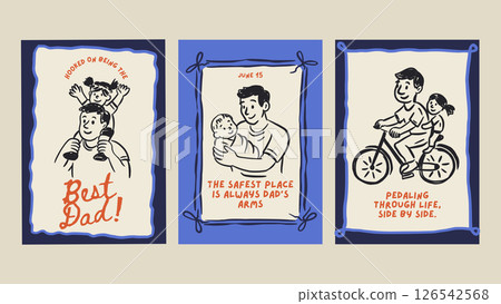 Happy Fathers Day Dad Greeting Doodle Vintage Sketch Card Set. Holiday Vector Chalk Poster From Son Daughter Family 126542568
