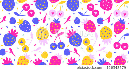 Tropical Exotic Fruit Pattern Strawberry Cherry Crayon Bg Texture Summer Vector Chalk Cartoon Seamless Abstract Background Chalk Organic 126542579