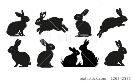 Easter Rabbit Bunny Silhouette Set Domestic Spring Background Vector Isolated Nature Art Animal Collection 126542585