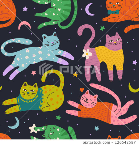 Whimsical Cat Cute Pet Seamless Moon Star Pattern Background Vector Flat Quirky Dreamy Animal Pajama Print Whimsical Cat Cute Pet Seamless Moon Star Pattern Background Vector Flat Quirky Dreamy Animal Pajama Print 126542587
