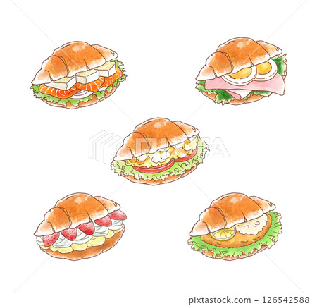 Delicious looking sandwiches on rolls (ham and egg, egg salad, strawberry, salmon, fish filling set) 126542588