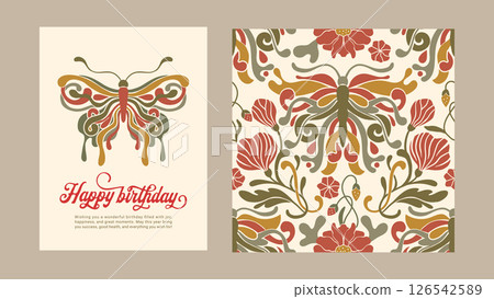 Art Nouveau Butterfly Vintage Ornament Vector Baroque Floral Card Seamless Pattern Motif Boho Bohemian Antique Ethnic Card 126542589