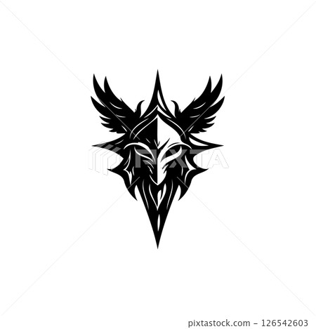 Intricate black and white emblem featuring winged helmet with starburst design 126542603