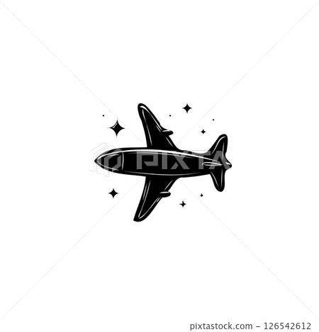 Monochrome airplane soaring amidst sparkling constellations creates mystic charm 126542612