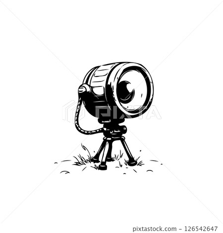 Monochrome rendition of a vintage camera on tripod amidst sparse foliage Monochrome rendition of a vintage camera on tripod amidst sparse foliage 126542647