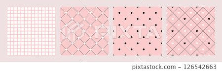 Seamless Pink Grid With Wavy Striped Rustic Textured Lines Love Heart Dot Abstract Vector Background Set Textile Print Collection Coquette Wrapping Paper 126542663