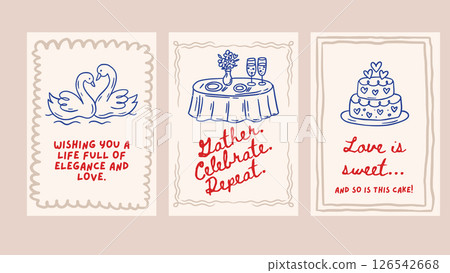 Doodle Wedding Sketch Card Set Love Romantic Hand Drawn Chalk Greeting Banner Vintage Vector Save The Date Party Swans Cake Wedding Dinner 126542668