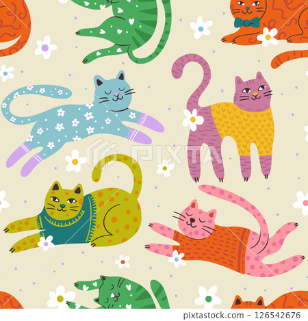 Whimsical Cat Cute Pet Seamless Pattern Background Vector Flat Quirky Dreamy Animal Daisy Flower 126542676