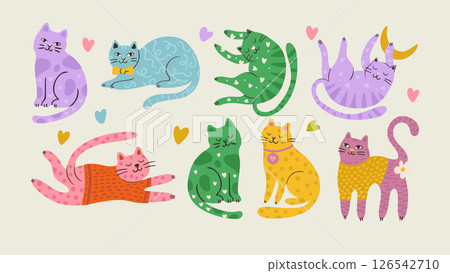 Whimsical Cat Cute Pet Illustration Vector Flat Quirky Cartoon Animal Happy Character Set 126542710