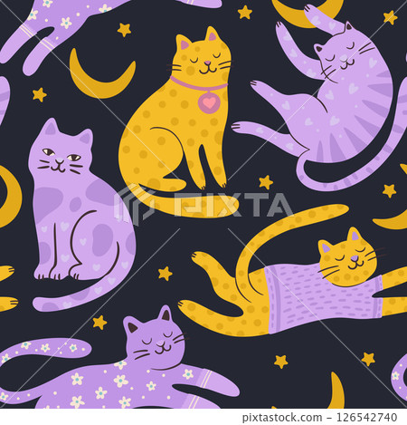 Whimsical Cat Cute Pet Seamless Pattern Star Moon Good Night Background Vector Flat Quirky Dreamy Animal Whimsical Cat Cute Pet Seamless Pattern Star Moon Good Night Background Vector Flat Quirky Dreamy Animal 126542740