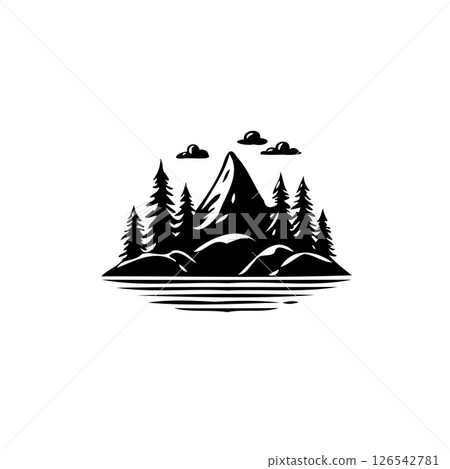 Monochrome mountain landscape illustration with stylized trees and clouds Monochrome mountain landscape illustration with stylized trees and clouds 126542781