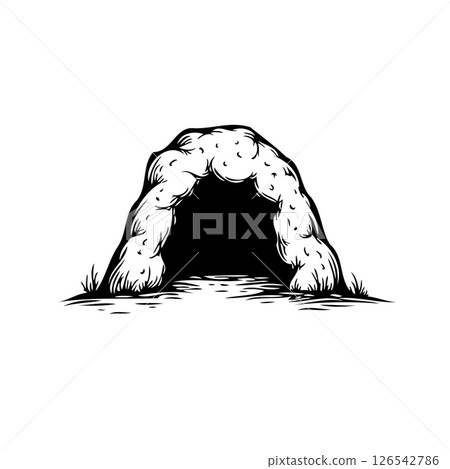 Monochrome illustration showcasing a burrow entrance with textured contours 126542786